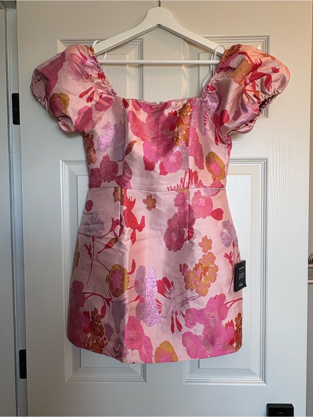 Lulu's Pink Floral Puff-Sleeve Square Neck Mini Dress - Picture 6 of 6